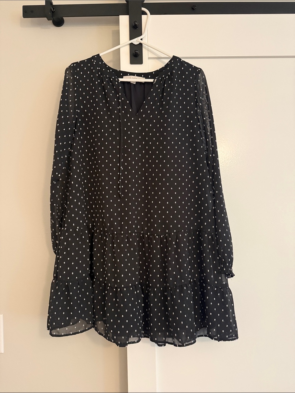 LOFT Black Polka Dot Long Sleeve Tiered Mini Dress